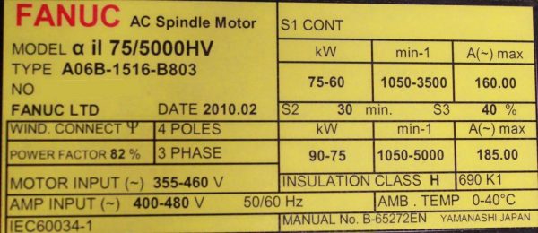 Fanuc-A06B-1516-B803-SP-MOTOR-aiI-755000HV-FOOTFLANGE-iMZ-EXH-1-YR-WARRANTY-122231794867-4